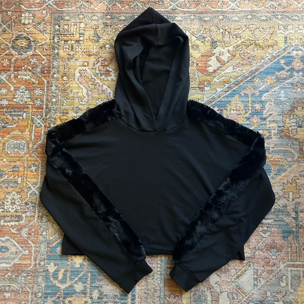 Dolls Kill Black Crop Hoodie — lightweight with fur sleeves